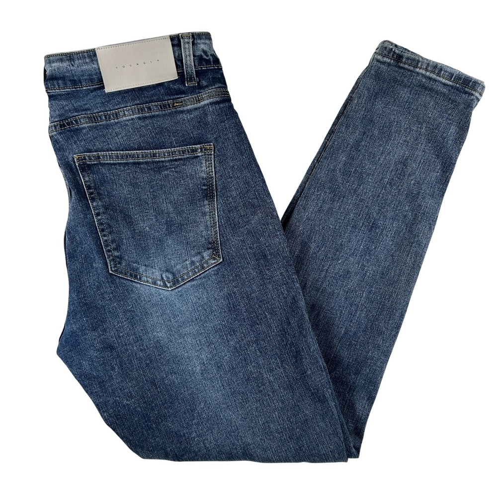 YoungLA Jeans Mens 33x31 Blue Skinny Stretch Distressed Denim Zip Fly
